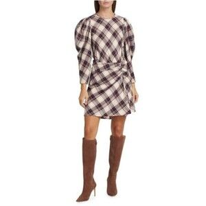Veronica Beard Agnor plaid ink toffee multi puff long sleeve mini dress